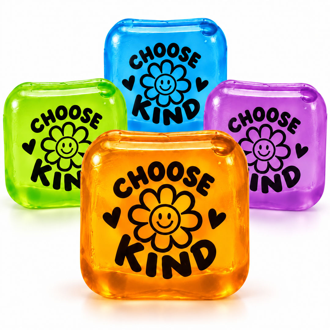 Choose Kind Squishy Fidget Cube Choose Kind Squishy Fidget Cubes in blue, green, orange and purple with smiling flower designs