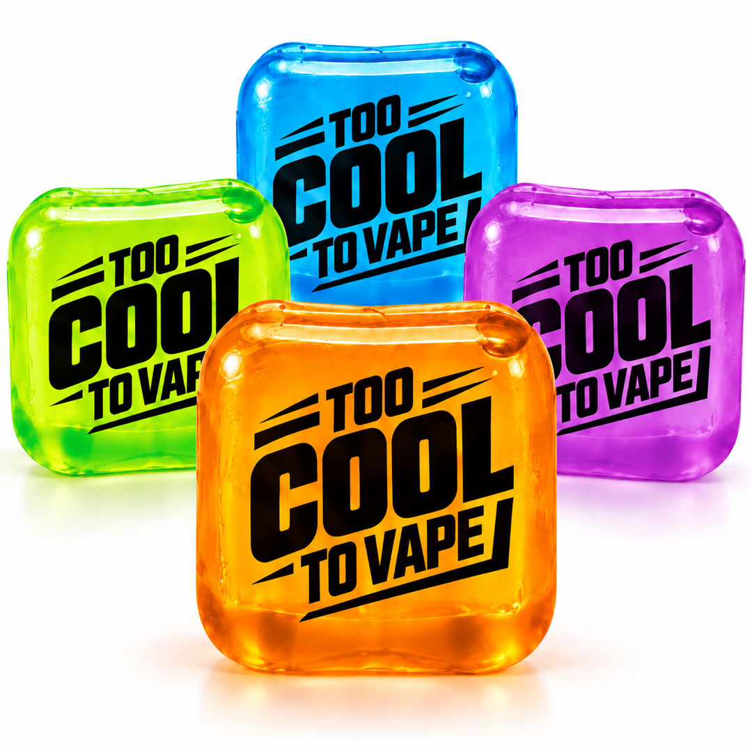 Too Cool To Vape Squishy Fidget Cube Too Cool To Vape Squishy Fidget Cubes in blue, green, orange and purple featuring bold vaping prevention messages