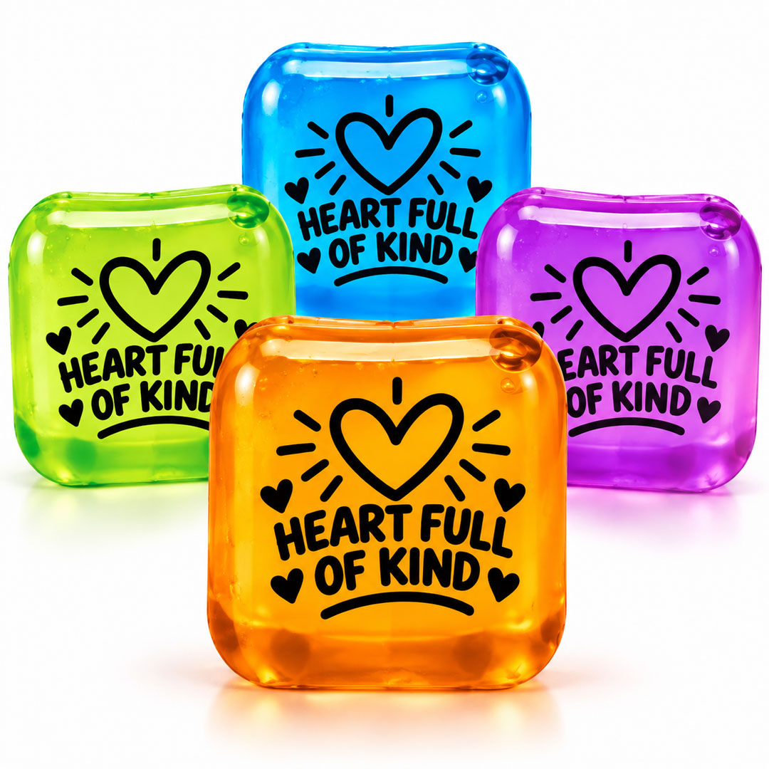 Heart Full of Kind Squishy Fidget Cube Heart Full of Kind Squishy Fidget Cubes in blue, green, orange and purple with heart designs