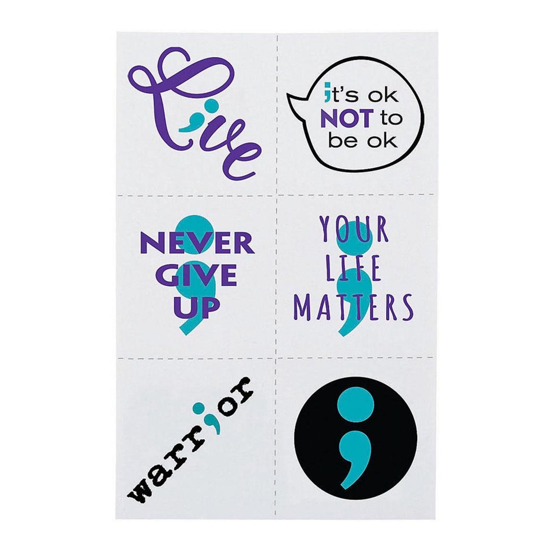 Mental Health Awareness Semicolon Temporary Tattoos – Bulk 72 Pc.