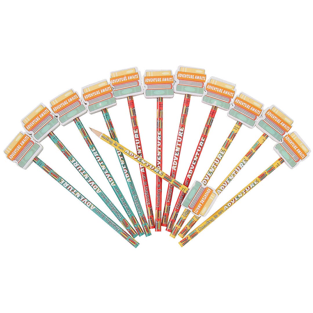 Pencils: Reading is an Adventure – With Book Top Eraser – Set of 12