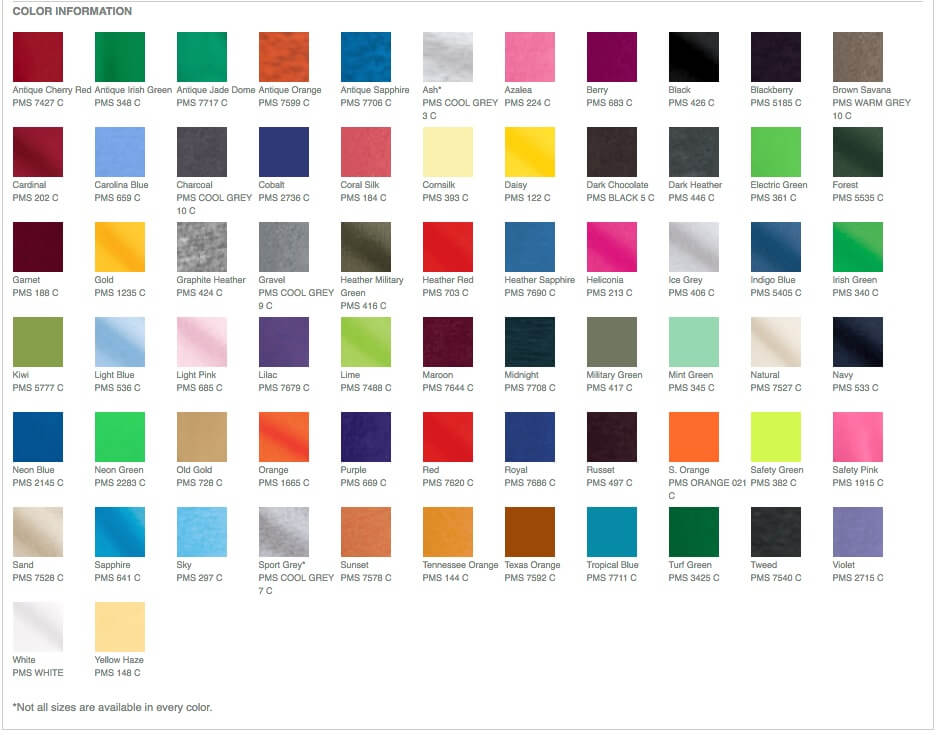 2018 Gildan Color Chart
