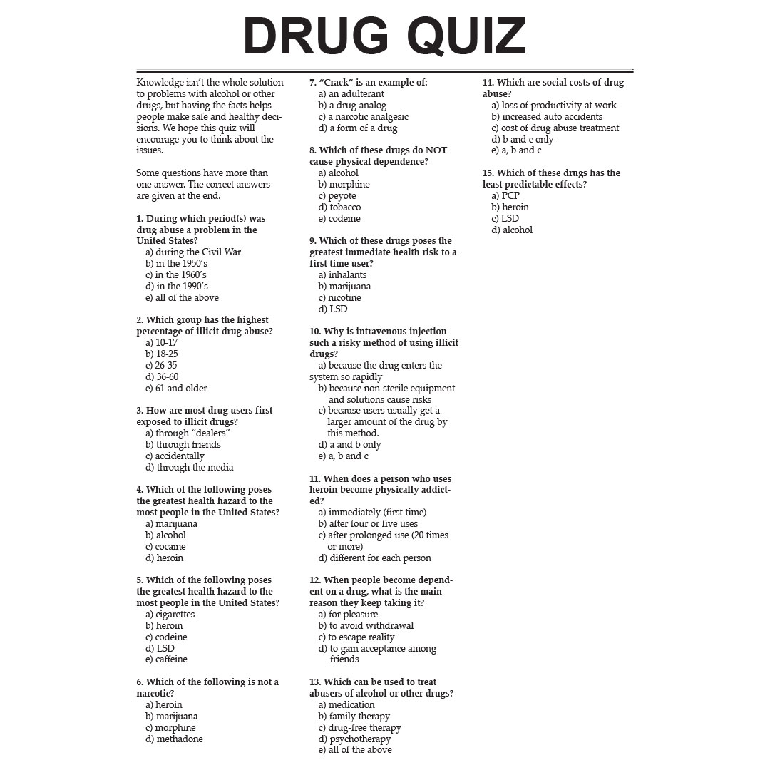 Drug Quiz/Answers – Drug Fact Sheets (Sold in Sets of 50)
