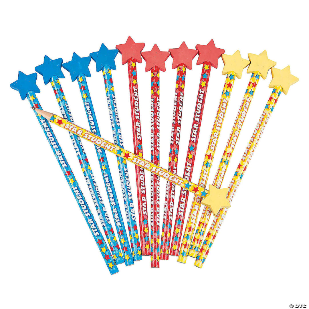 Pencils: Star Student – With Pencil Top Eraser – Set of 12