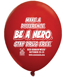 Red Ribbon Week 2026 red balloon with “Make a Difference. Be a Hero. Stay Drug Free” message and official logo