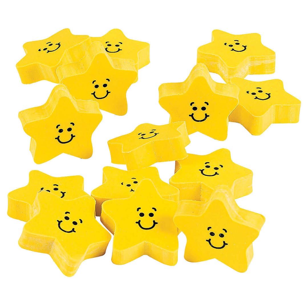 Erasers: Smiley Face Star Erasers – Set of 24