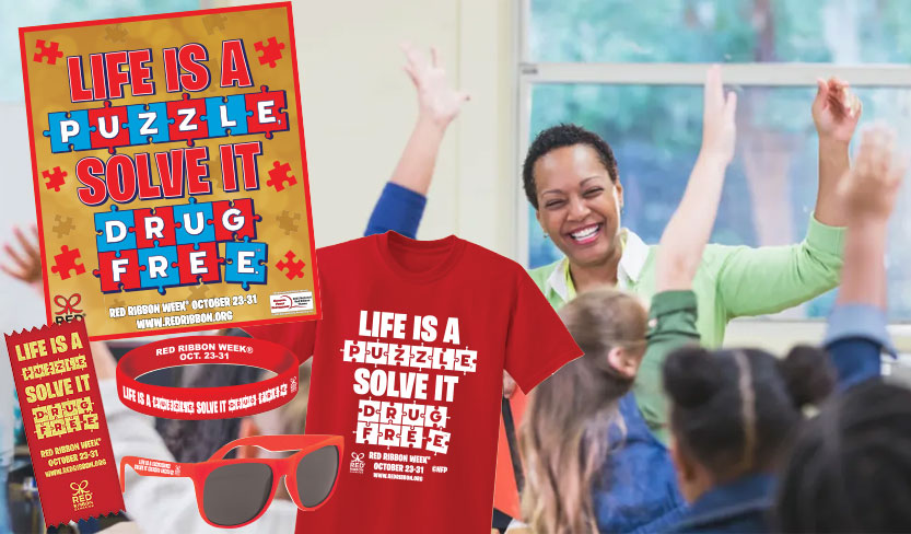 Ribbons, t-shirts, and official supplies and merchandise for Red Ribbon Week 2025