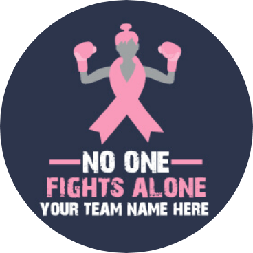 a pink ribbon with boxing gloves and the caption no one fights alone