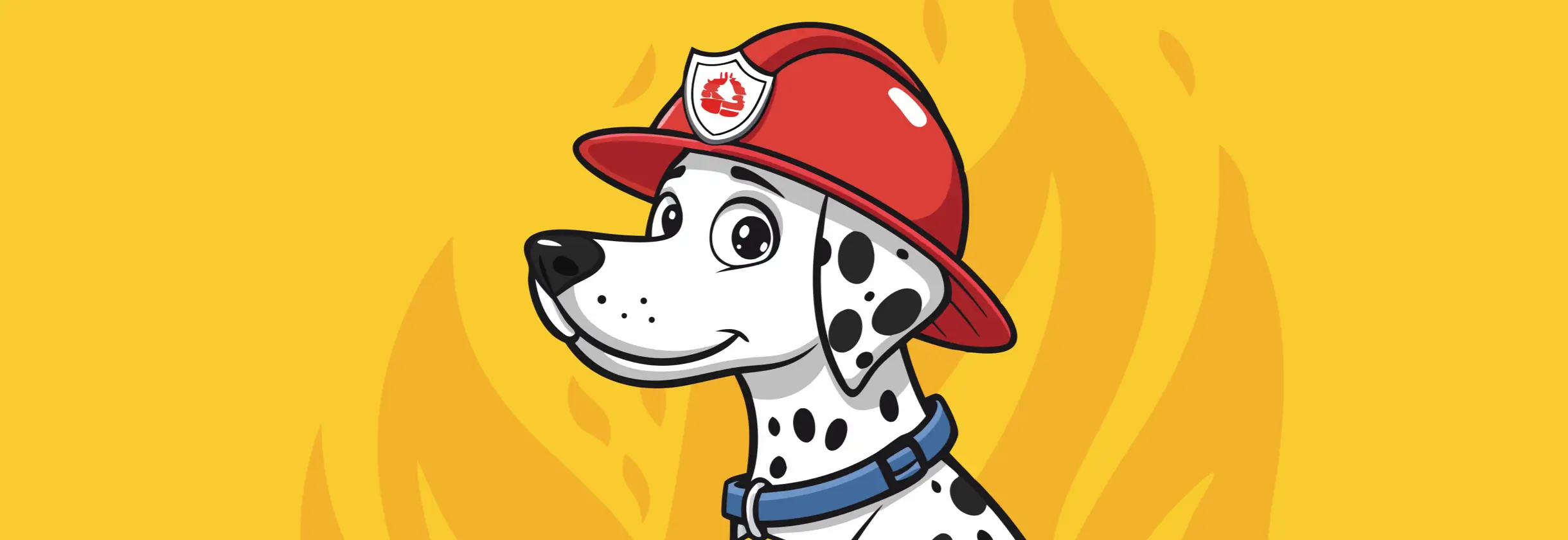Illustration of a Dalmatian wearing a fireman's hard hat on a yellow flame background.