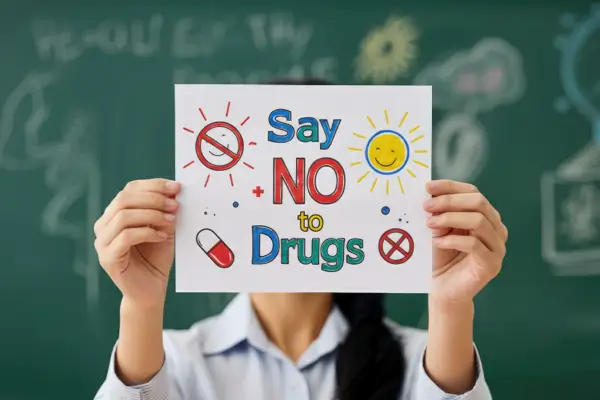 Person holding "Say NO to Drugs" sign in classroom setting